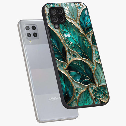 Emerald Leaf Glass Glass Case displayed in angled mockup highlighting botanical leaf illustration with elegant natural aesthetic.
