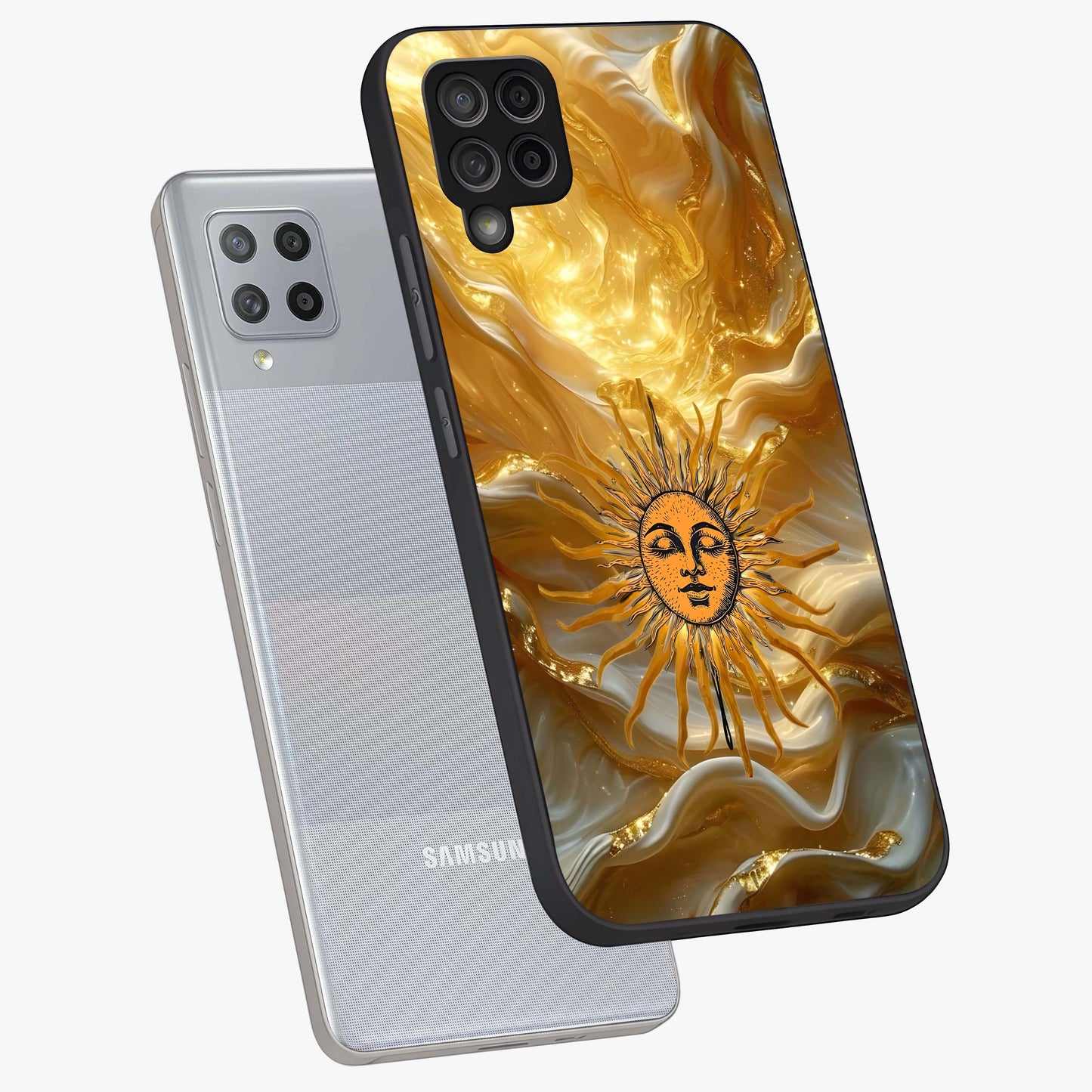Eternal Golden Glow Glass Case displayed in angled mockup highlighting glowing golden aesthetic design with elegant style.