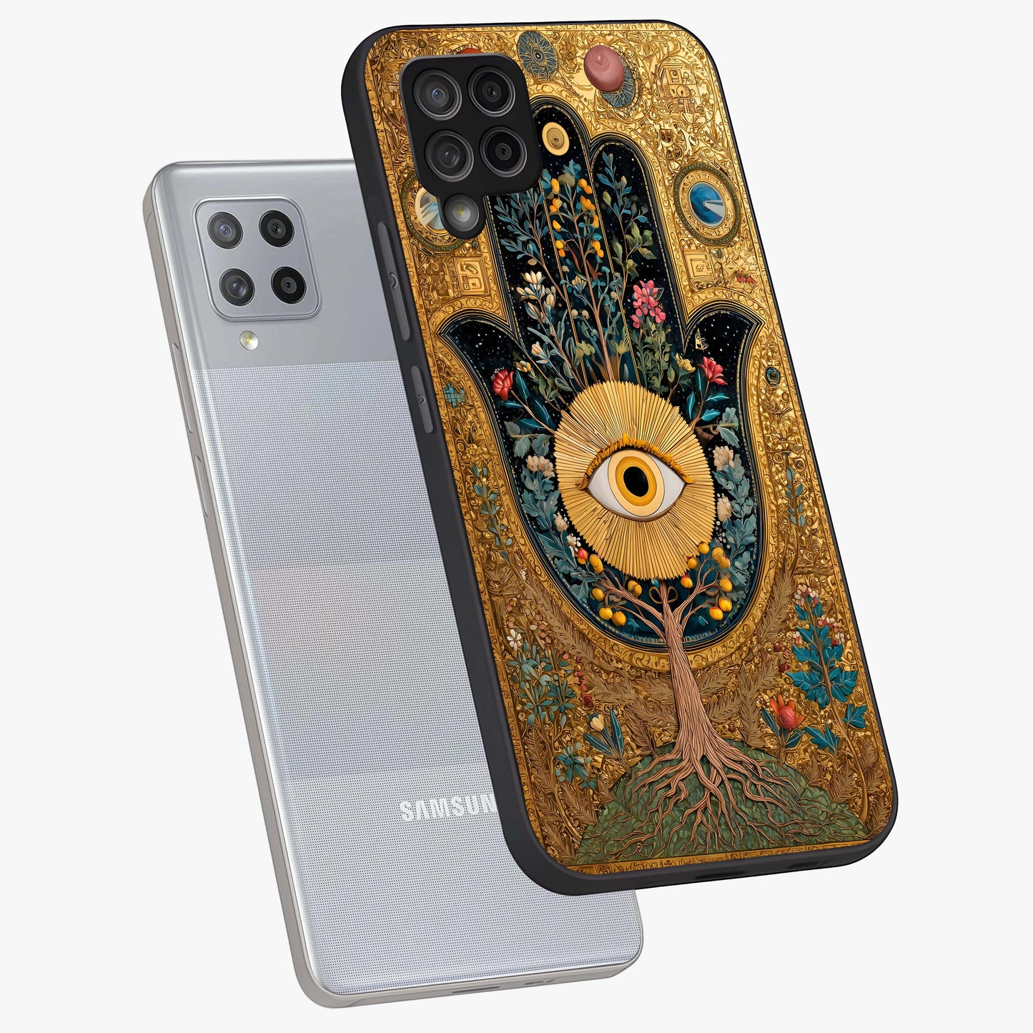 Ethereal Evil Eye Glass Case displayed in angled mockup highlighting protective evil eye symbol with spiritual aesthetic design.