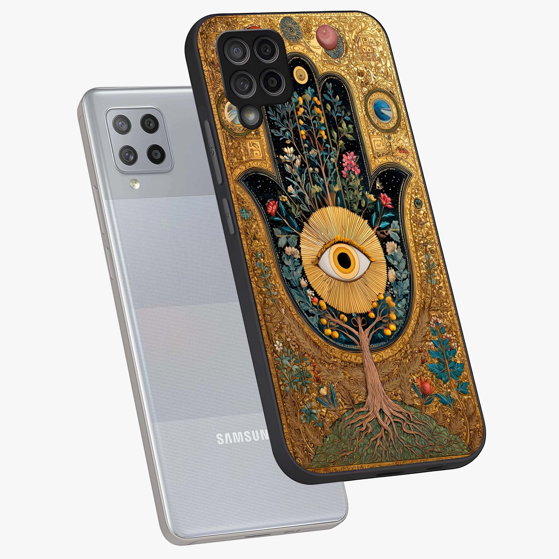 Ethereal Evil Eye Glass Case displayed in angled mockup highlighting protective evil eye symbol with spiritual aesthetic design.