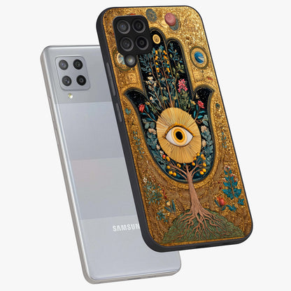 Ethereal Evil Eye Glass Case displayed in angled mockup highlighting protective evil eye symbol with spiritual aesthetic design.
