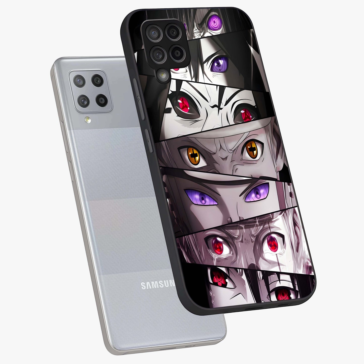 Eyes of Destiny Glass Case displayed in angled mockup highlighting bold eye illustration with mystical aesthetic style.