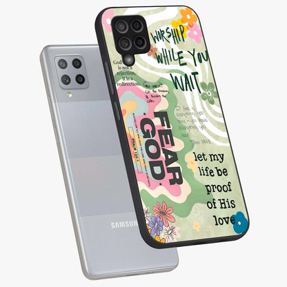 Faith Over Fear Glass Case displayed in angled mockup highlighting inspirational message design with modern aesthetic style.