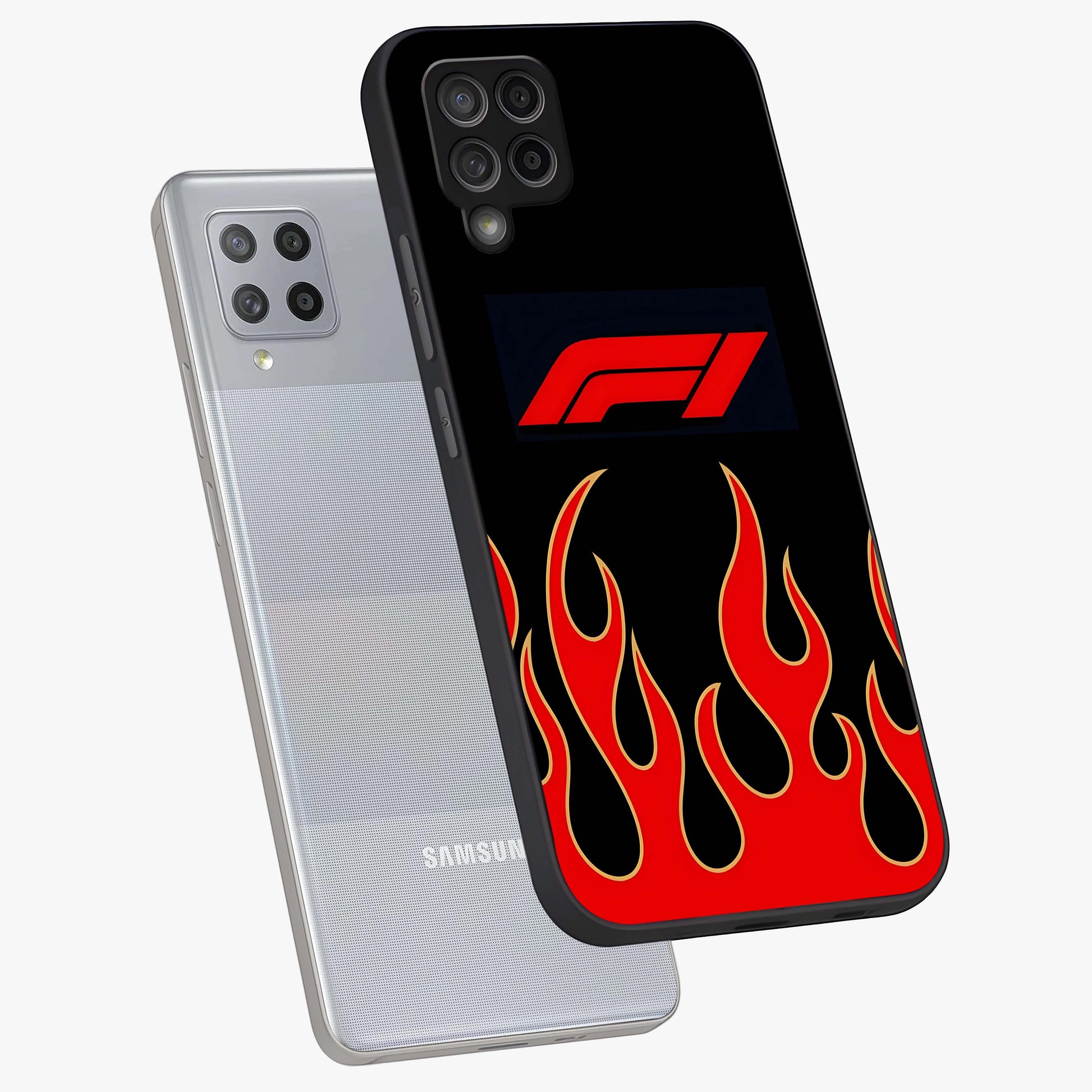 Fire F11 Glass Case displayed in angled mockup highlighting bold fire inspired graphic with energetic aesthetic style.