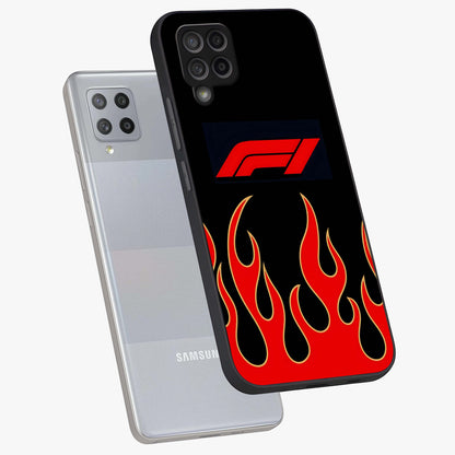 Fire F11 Glass Case displayed in angled mockup highlighting bold fire inspired graphic with energetic aesthetic style.