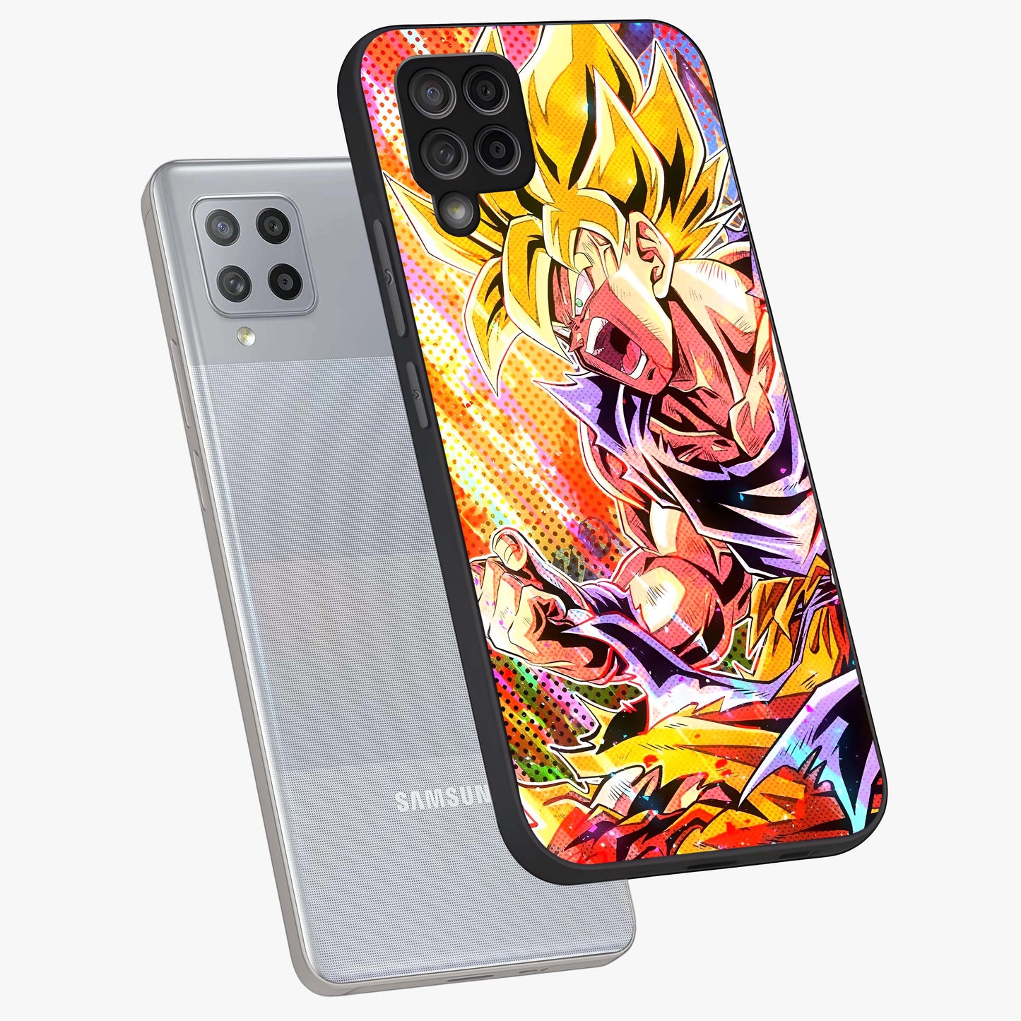Firing Goku Glass Case displayed in angled mockup highlighting dynamic anime character design with action aesthetic.