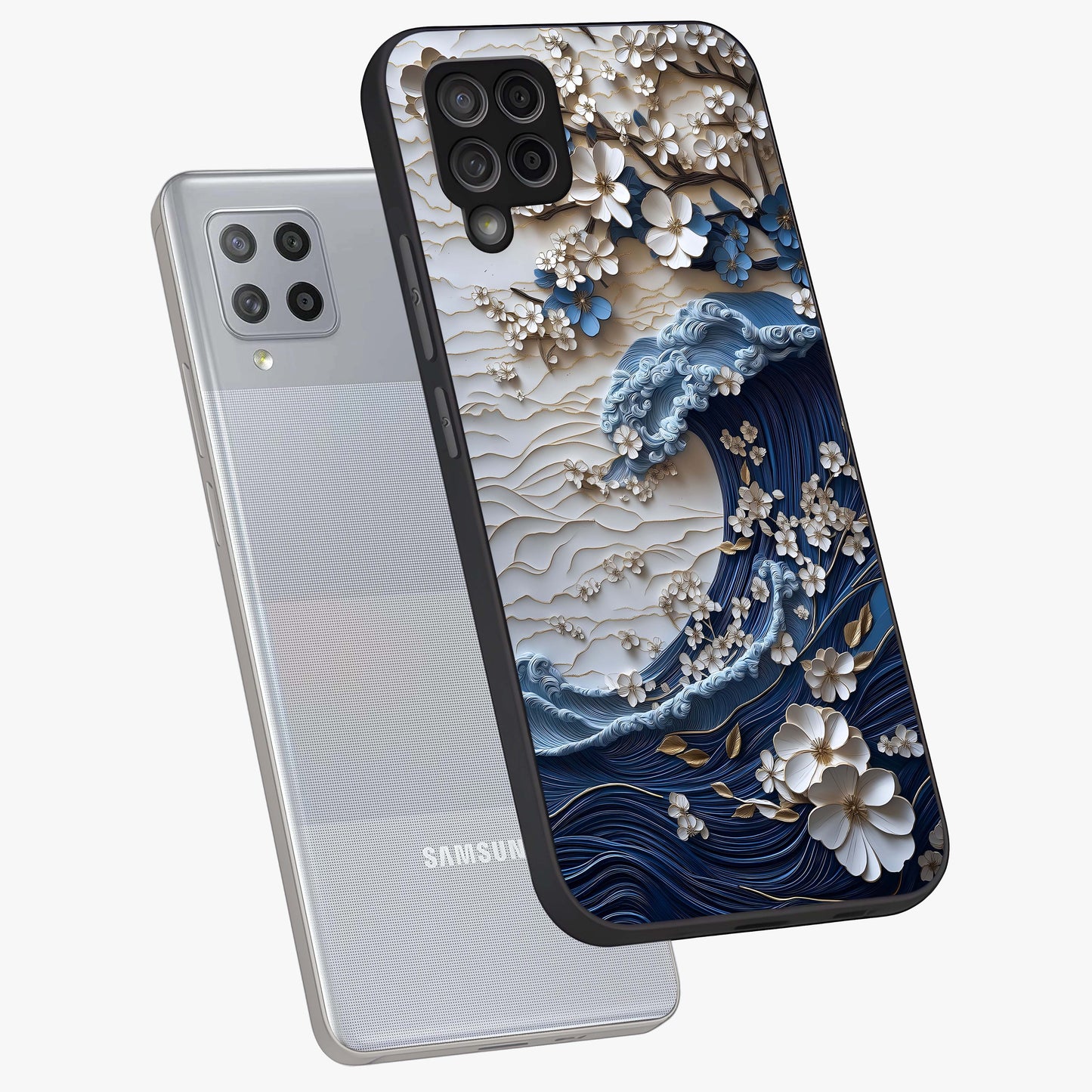 Floral Wave Origami Glass Case displayed in angled mockup highlighting geometric origami flower design with modern aesthetic style.
