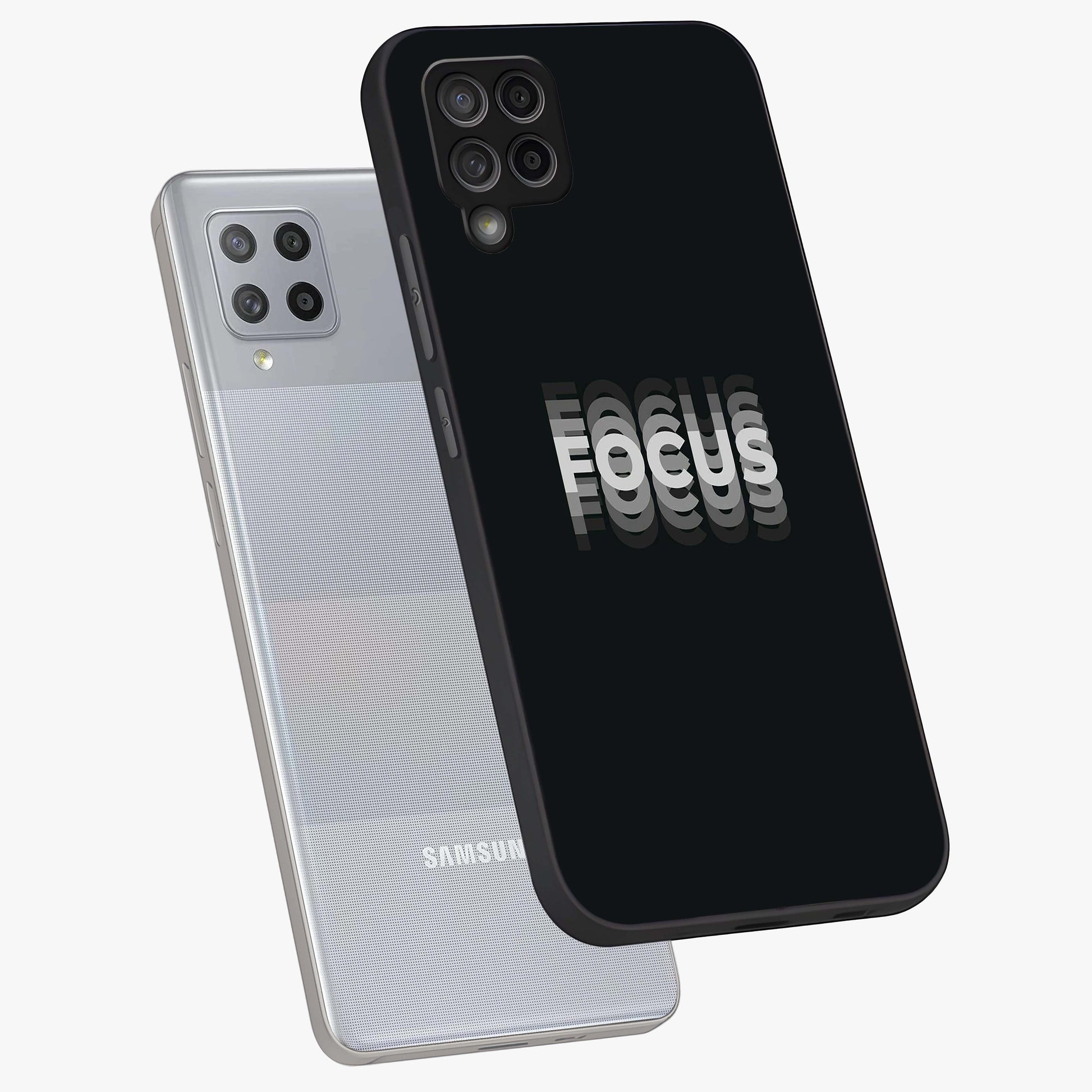 Focus Mode On Glass Case displayed in angled mockup highlighting clean minimal text artwork with modern aesthetic style.