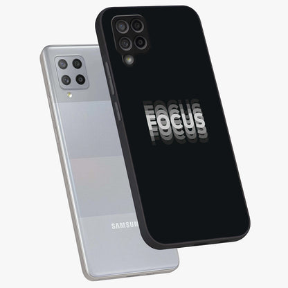 Focus Mode On Glass Case displayed in angled mockup highlighting clean minimal text artwork with modern aesthetic style.