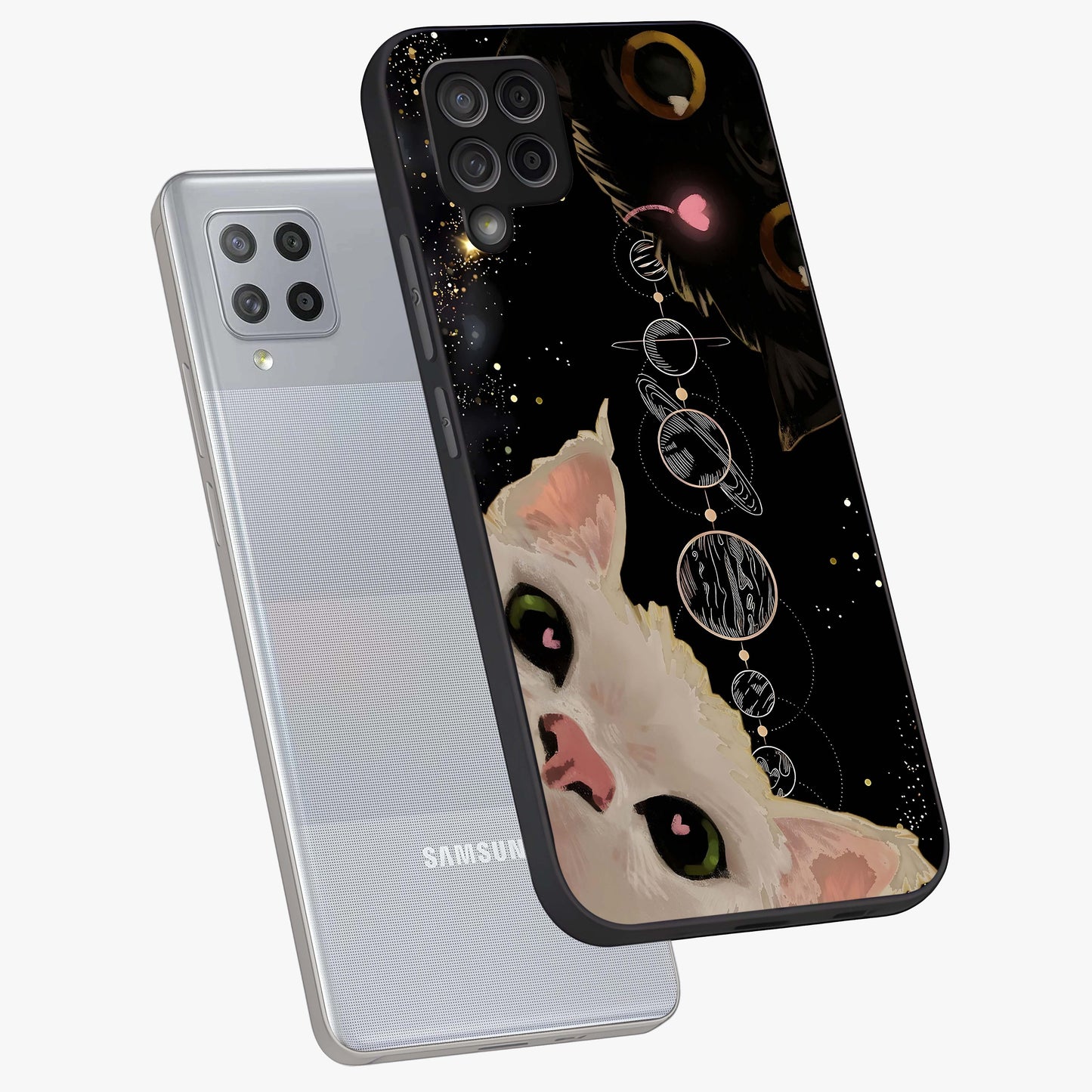 Galactic Cat Glass Case displayed in angled mockup highlighting celestial feline illustration with galaxy aesthetic style.
