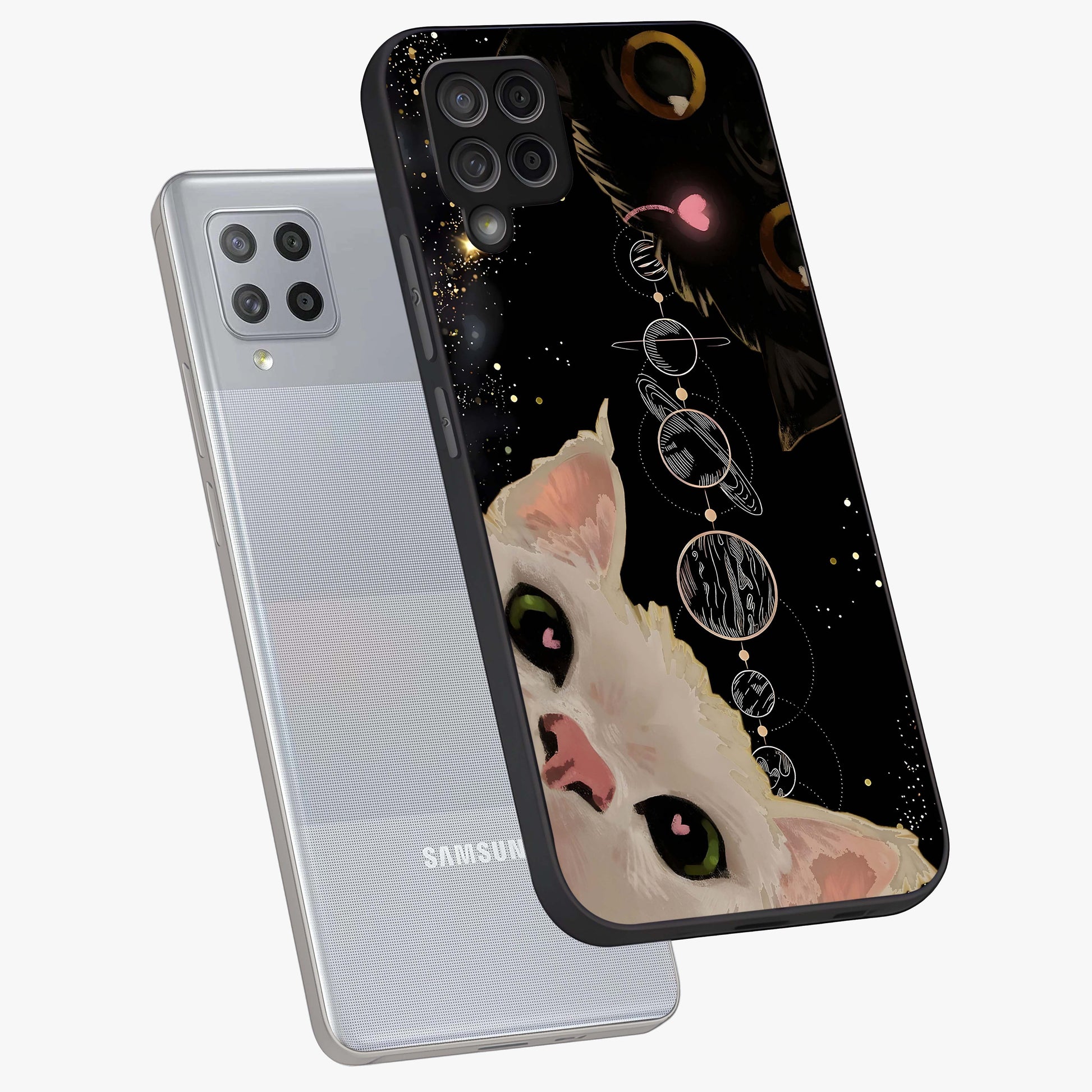 Galactic Cat Glass Case displayed in angled mockup highlighting celestial feline illustration with galaxy aesthetic style.