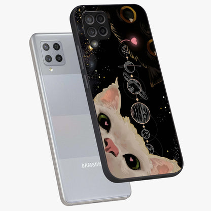 Galactic Cat Glass Case displayed in angled mockup highlighting celestial feline illustration with galaxy aesthetic style.