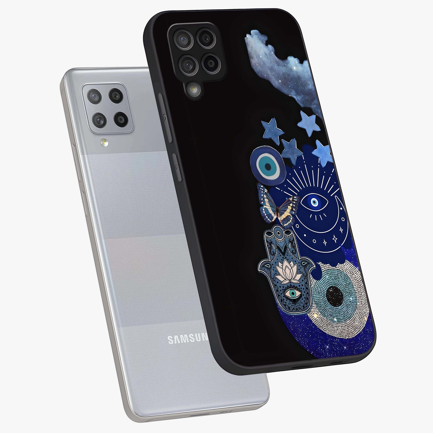 Galactic Charm Cluster Glass Case displayed in angled mockup highlighting luminous galaxy inspired design with dreamy aesthetic.
