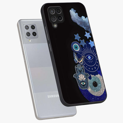 Galactic Charm Cluster Glass Case displayed in angled mockup highlighting luminous galaxy inspired design with dreamy aesthetic.