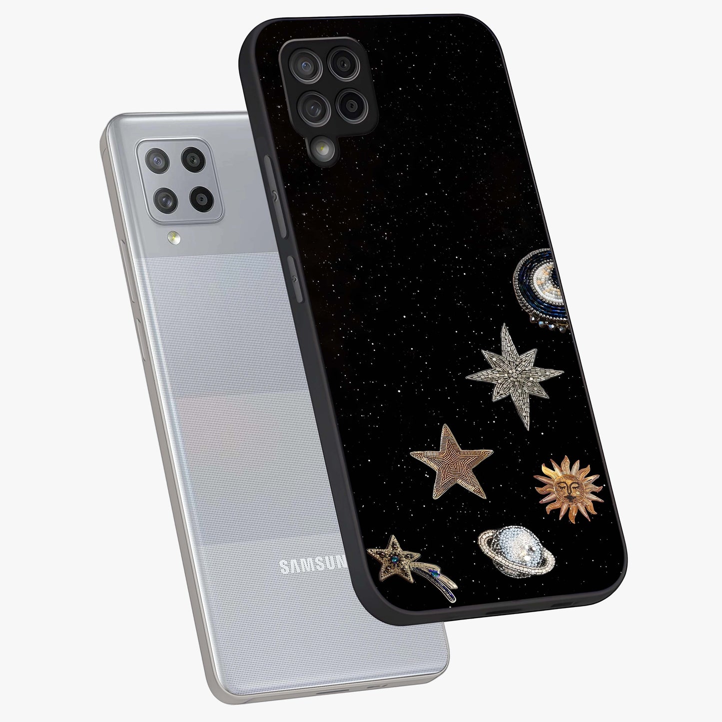 Galactic Charm Glow Glass Case displayed in angled mockup highlighting luminous galaxy inspired design with dreamy aesthetic.