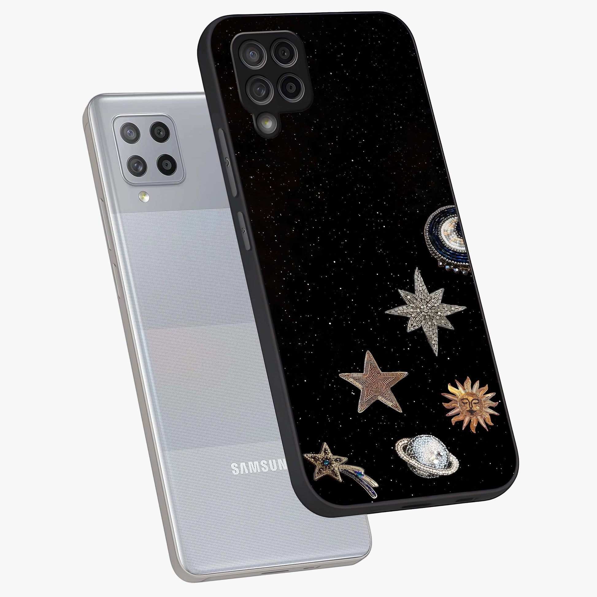 Galactic Charm Glow Glass Case displayed in angled mockup highlighting luminous galaxy inspired design with dreamy aesthetic.