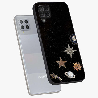 Galactic Charm Glow Glass Case displayed in angled mockup highlighting luminous galaxy inspired design with dreamy aesthetic.