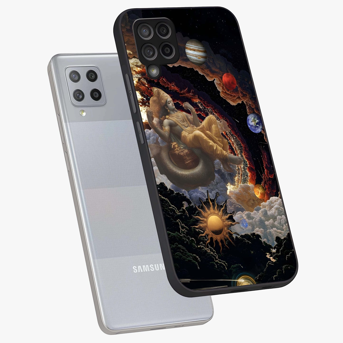 Galactic Divine God Glass Case displayed in angled mockup highlighting powerful celestial deity illustration with galactic aesthetic.