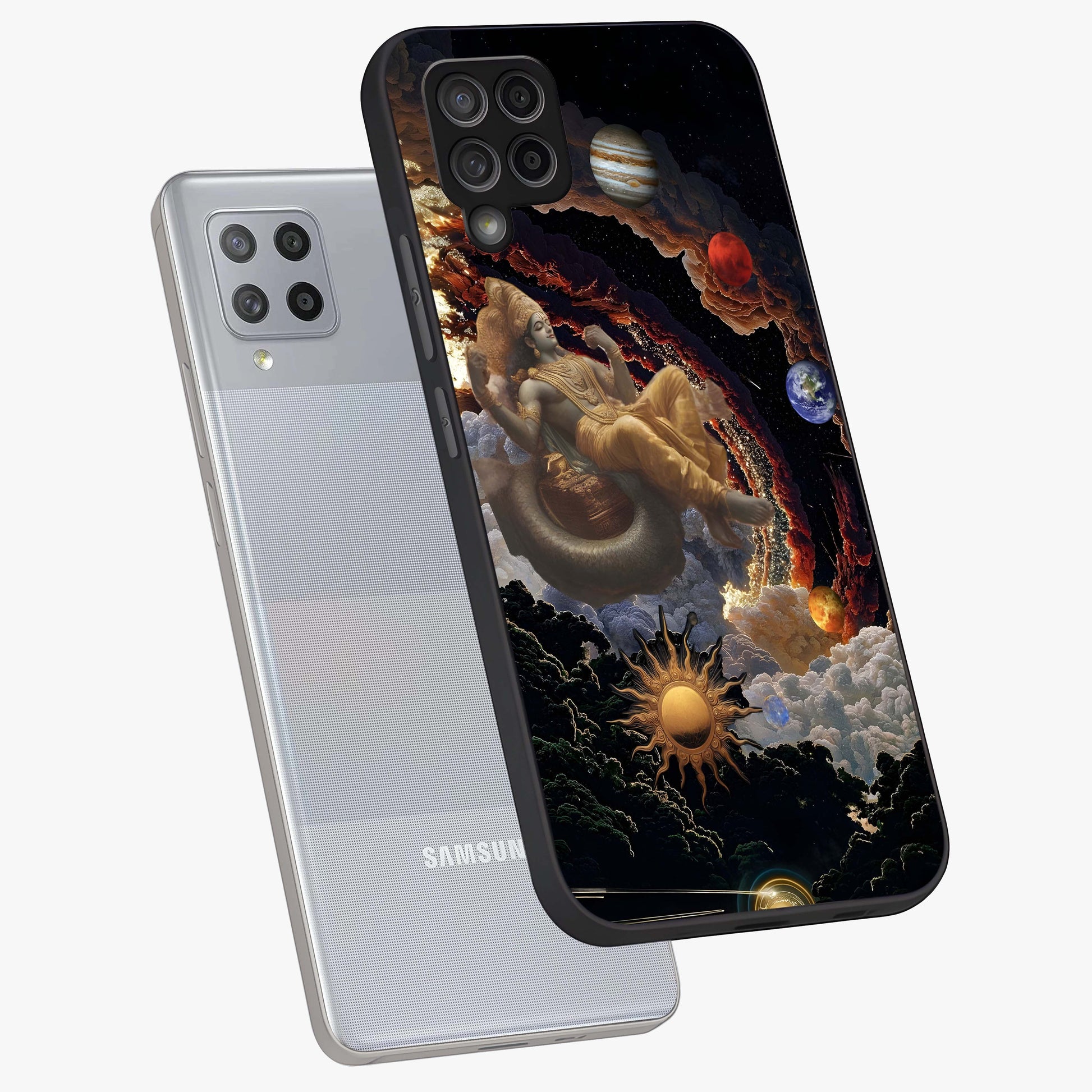 Galactic Divine God Glass Case displayed in angled mockup highlighting powerful celestial deity illustration with galactic aesthetic.