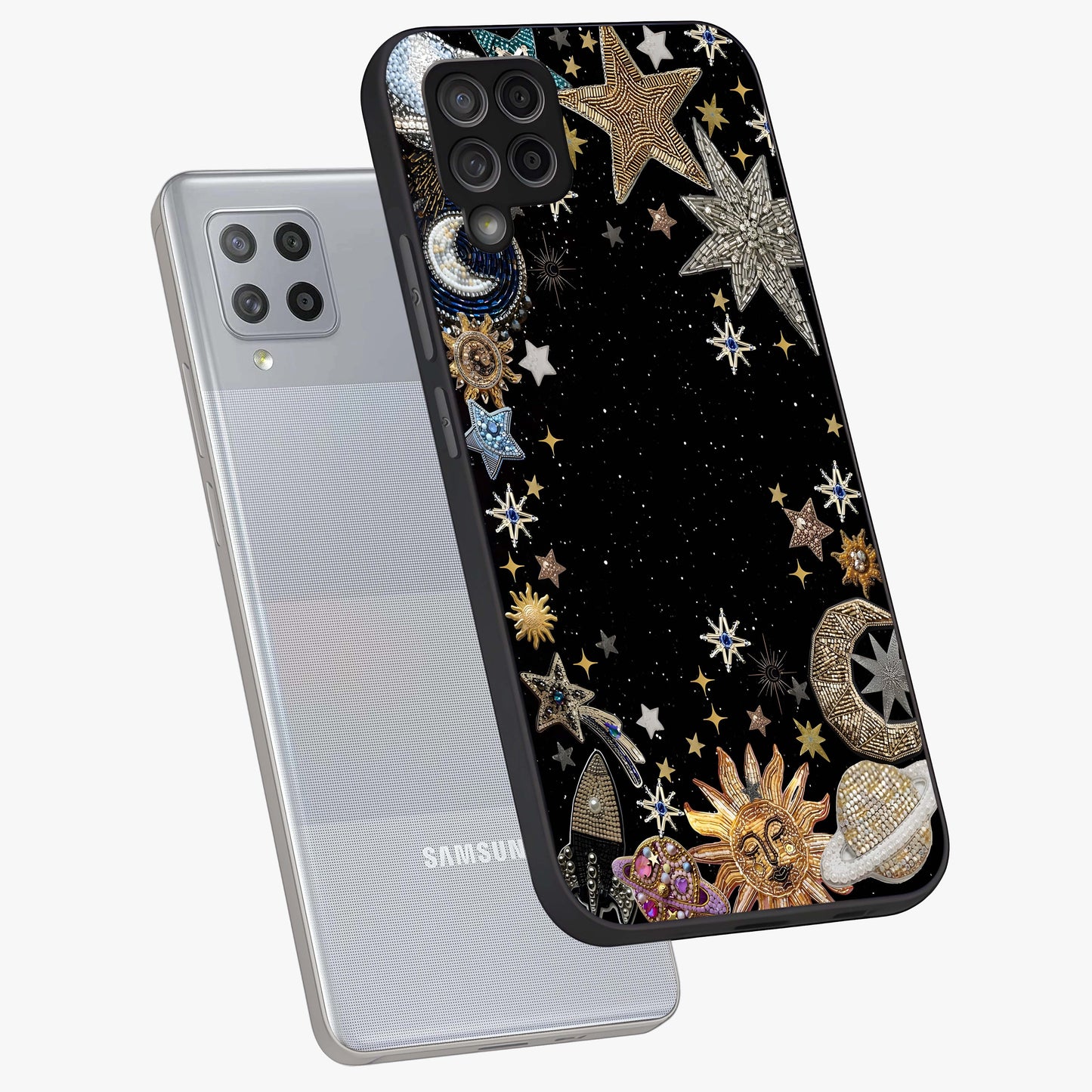 Galactic Jewel Stars Glass Case displayed in angled mockup highlighting shining celestial star design with cosmic aesthetic style.