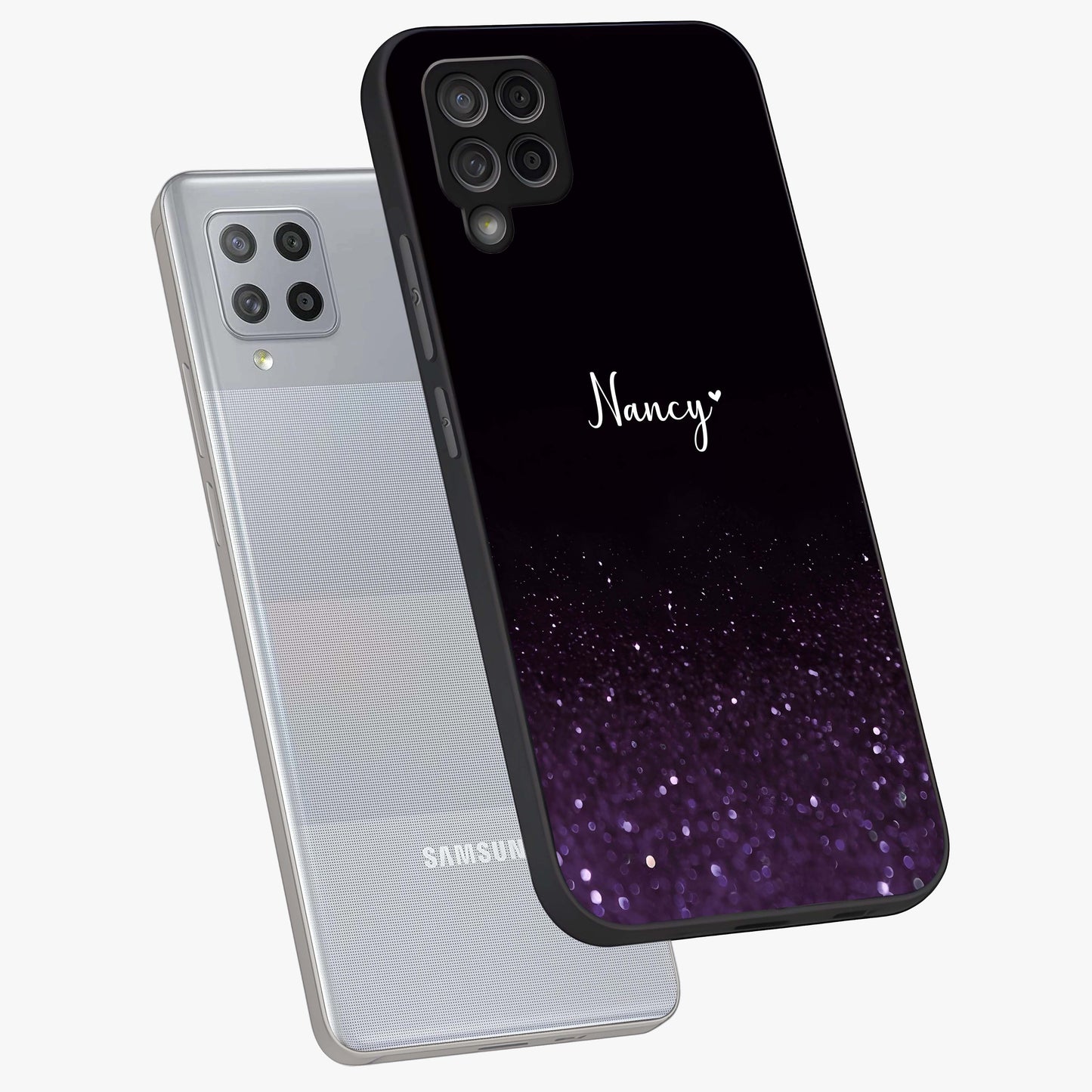 Glittery Purple Bokeh Custom Name Glass Case displayed in angled mockup highlighting glitter bokeh pattern with custom name feature.