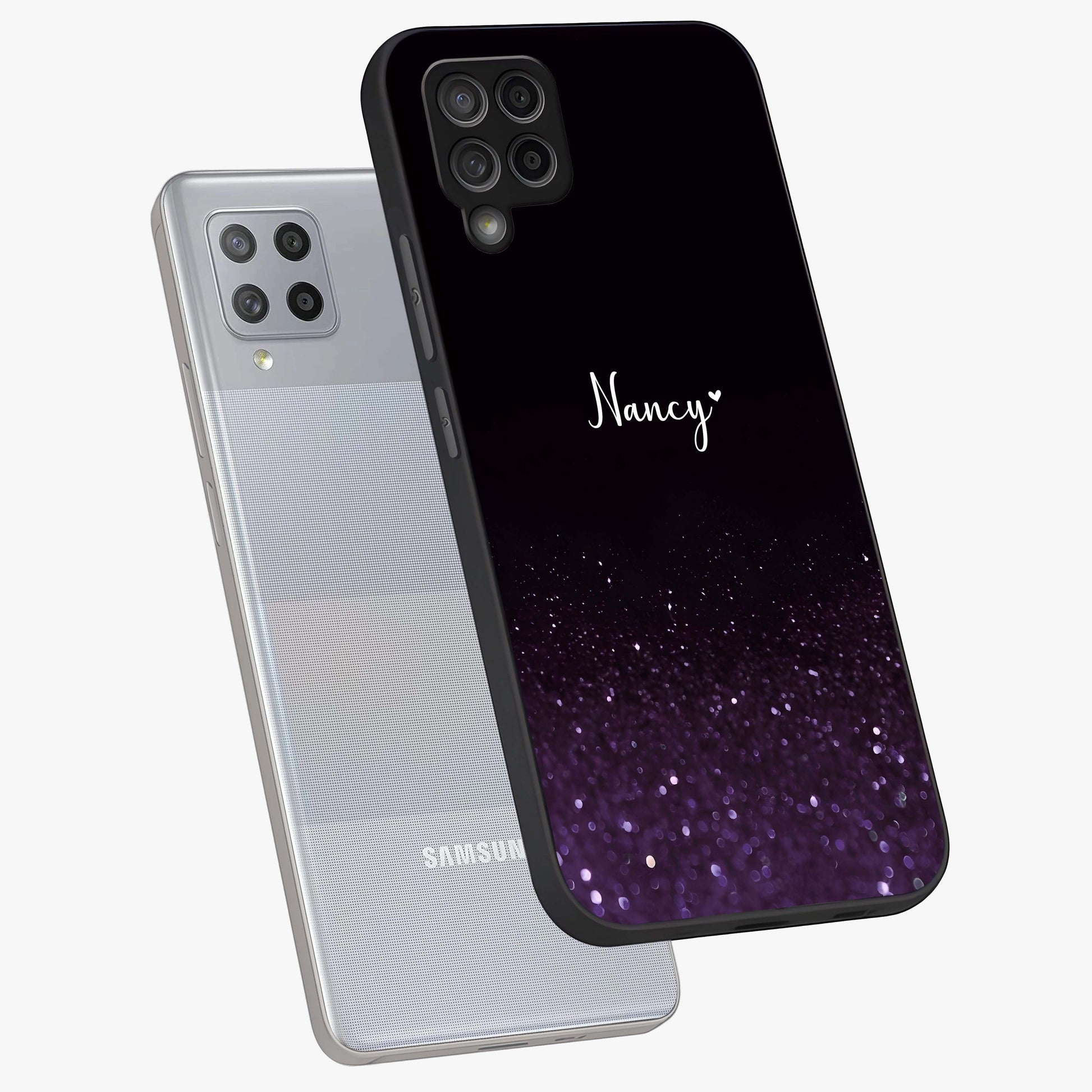 Glittery Purple Bokeh Custom Name Glass Case displayed in angled mockup highlighting glitter bokeh pattern with custom name feature.