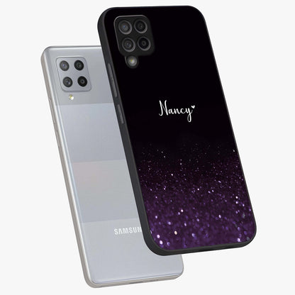 Glittery Purple Bokeh Custom Name Glass Case displayed in angled mockup highlighting glitter bokeh pattern with custom name feature.