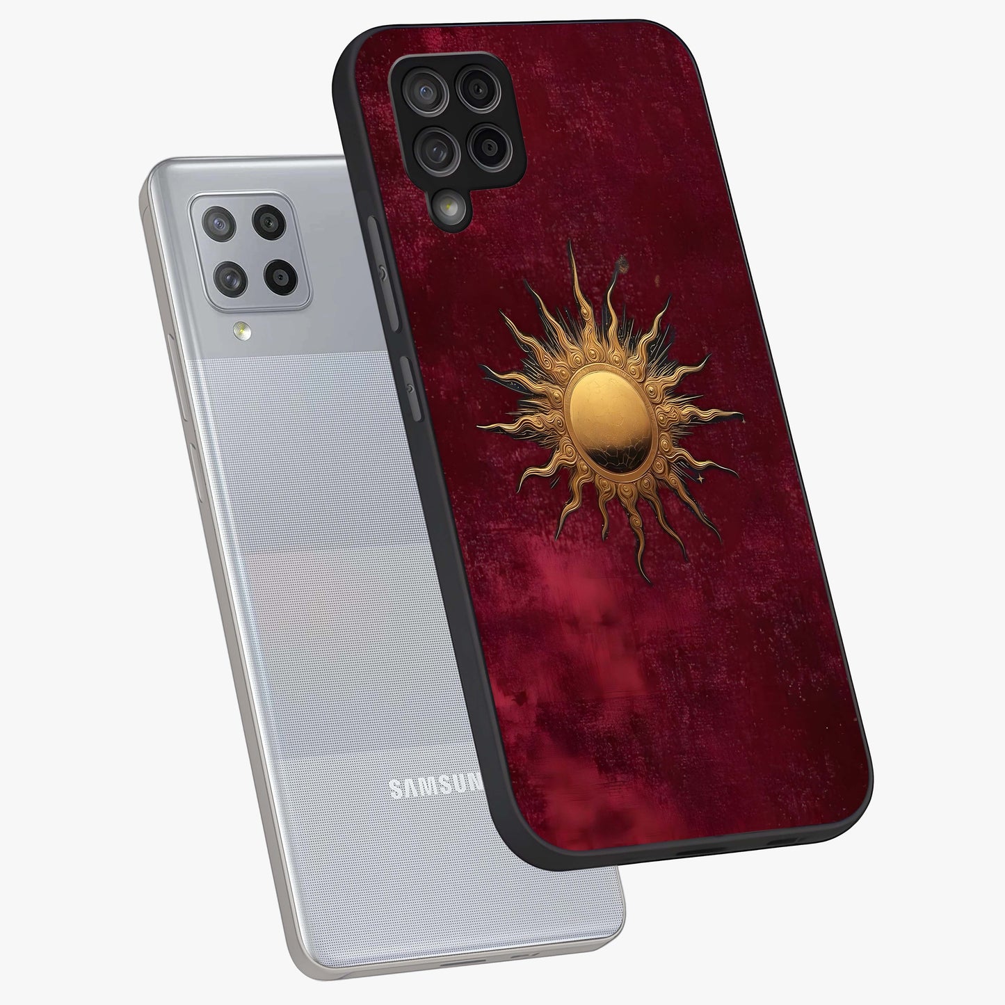 Golden Sun Minimalism Glass Case displayed in angled mockup highlighting clean sun symbol design with modern minimal aesthetic.