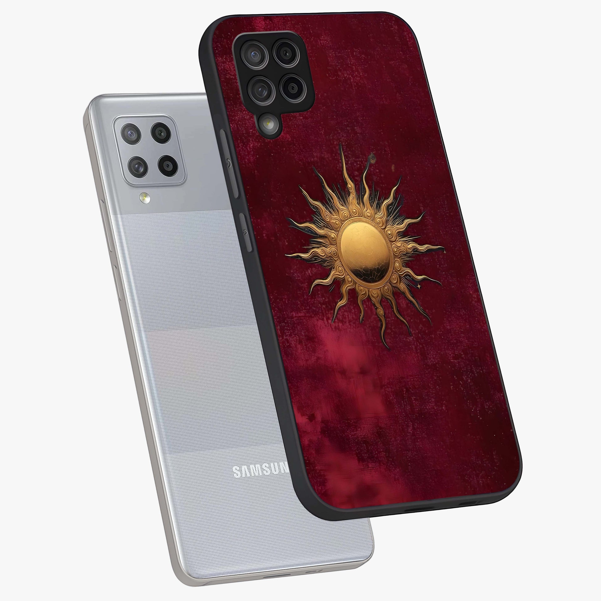 Golden Sun Minimalism Glass Case displayed in angled mockup highlighting clean sun symbol design with modern minimal aesthetic.