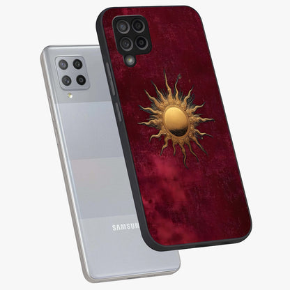Golden Sun Minimalism Glass Case displayed in angled mockup highlighting clean sun symbol design with modern minimal aesthetic.
