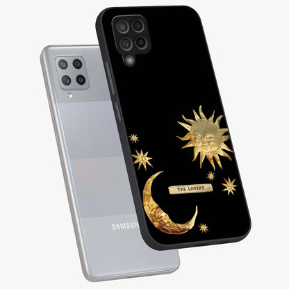 Gold Sun Blush Glass Case displayed in angled mockup highlighting radiant sun design with warm golden aesthetic.