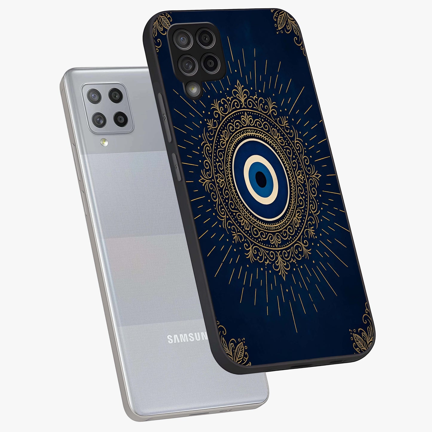 Golden Celestial Charm Glass Case displayed in angled mockup highlighting sparkling cosmic charm design with celestial aesthetic.