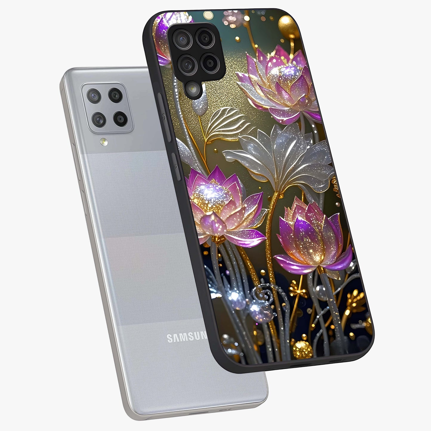 Golden Floral Majesty Glass Case displayed in angled mockup highlighting elegant flower design with royal golden aesthetic.