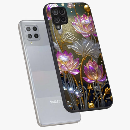 Golden Floral Majesty Glass Case displayed in angled mockup highlighting elegant flower design with royal golden aesthetic.
