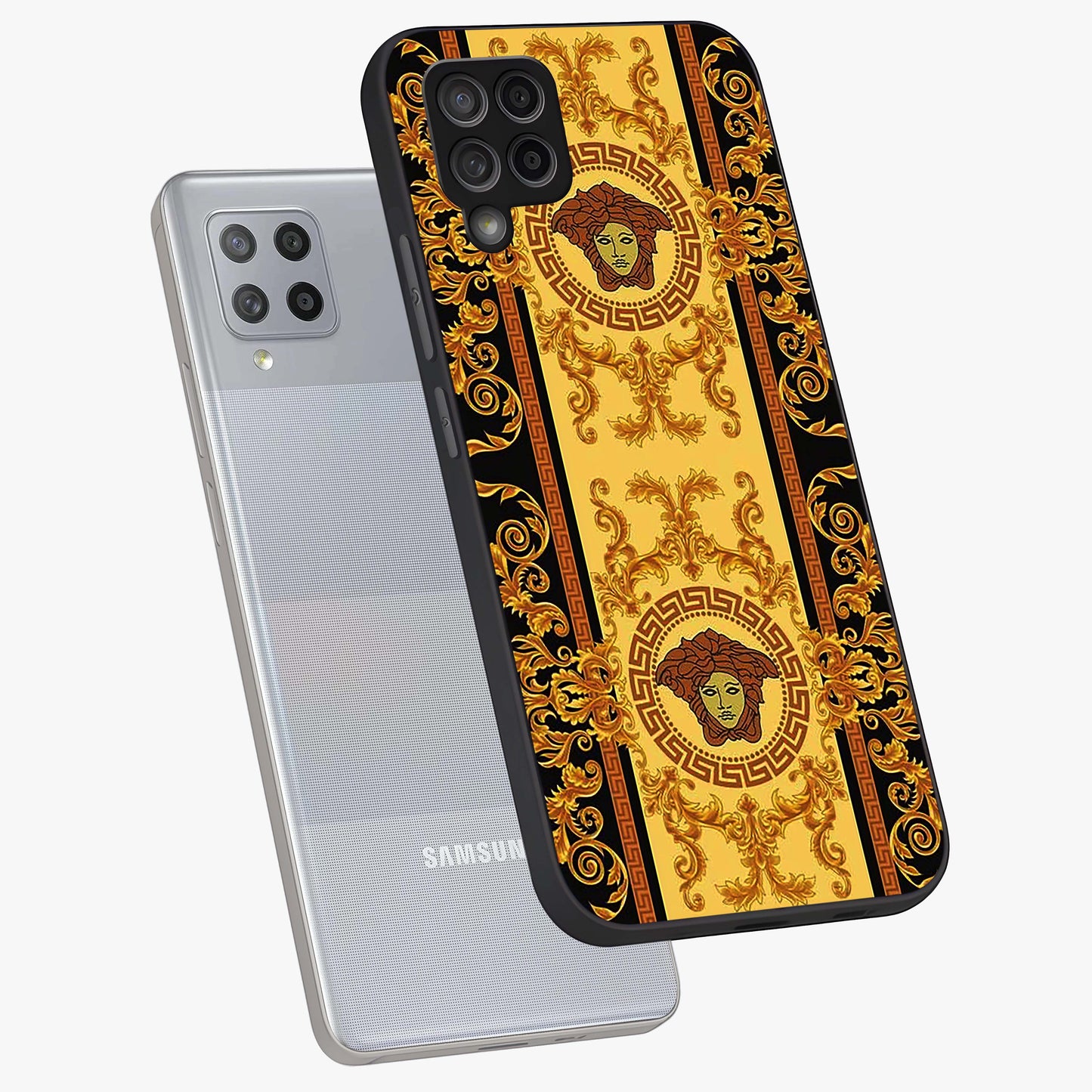 Golden Lotus Glow Glass Case displayed in angled mockup highlighting radiant lotus illustration with spiritual aesthetic.