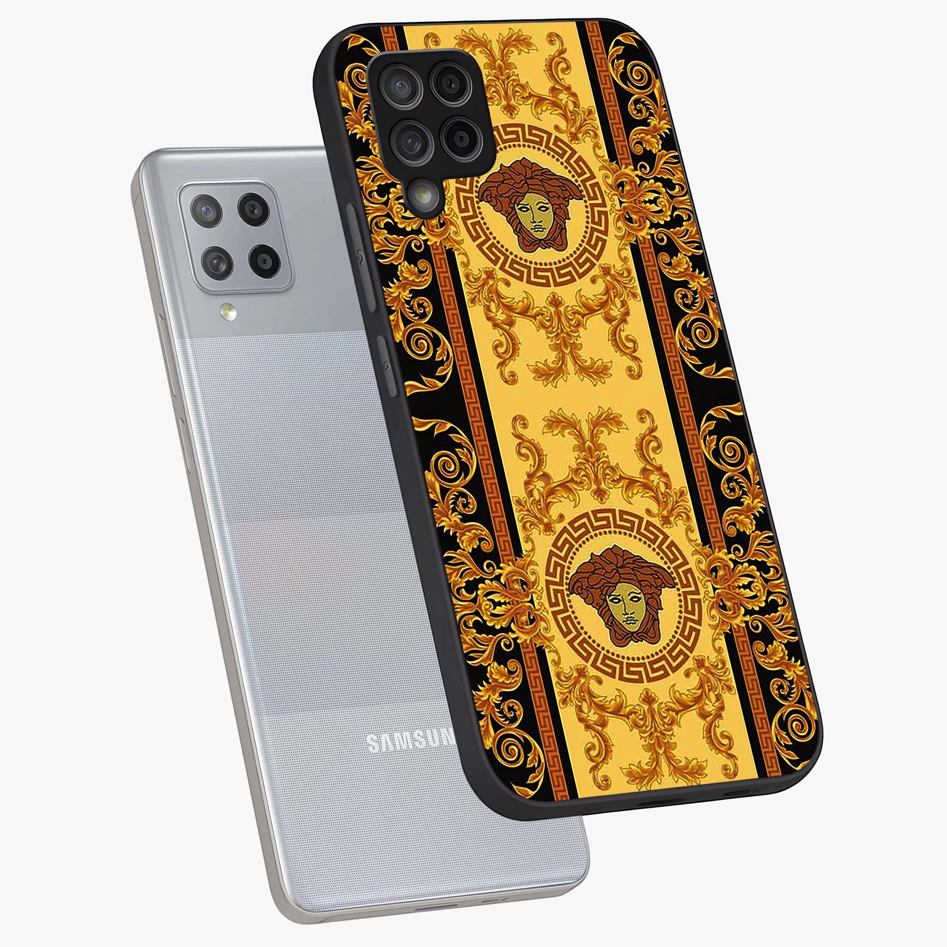 Golden Lotus Glow Glass Case displayed in angled mockup highlighting radiant lotus illustration with spiritual aesthetic.