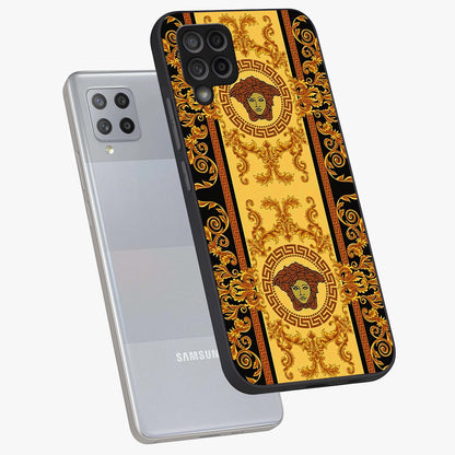 Golden Lotus Glow Glass Case displayed in angled mockup highlighting radiant lotus illustration with spiritual aesthetic.
