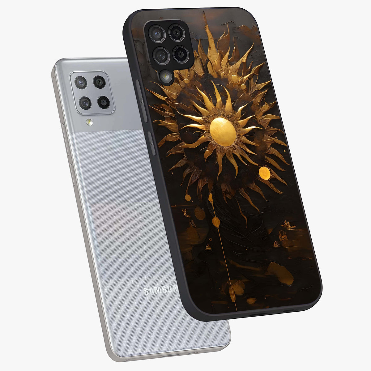 Golden Sun Majesty Glass Case displayed in angled mockup highlighting eerie shadow illustration with gothic aesthetic.