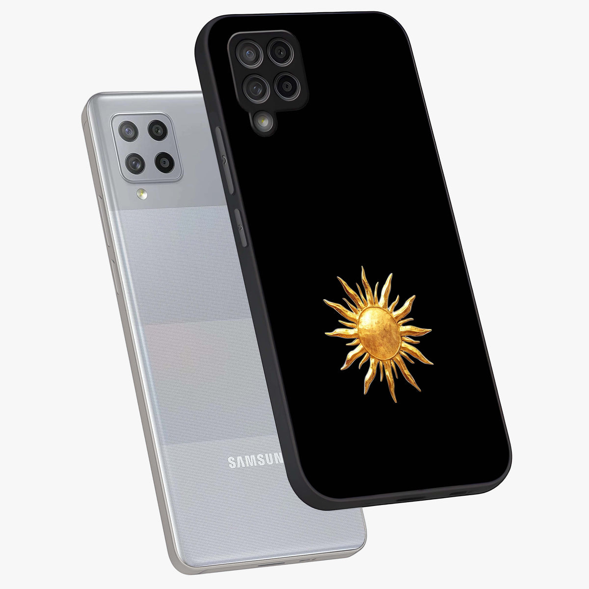 Golden Sun Minimalism Glass Case displayed in angled mockup highlighting eerie shadow illustration with gothic aesthetic.