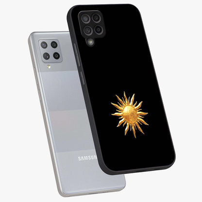 Golden Sun Minimalism Glass Case displayed in angled mockup highlighting eerie shadow illustration with gothic aesthetic.