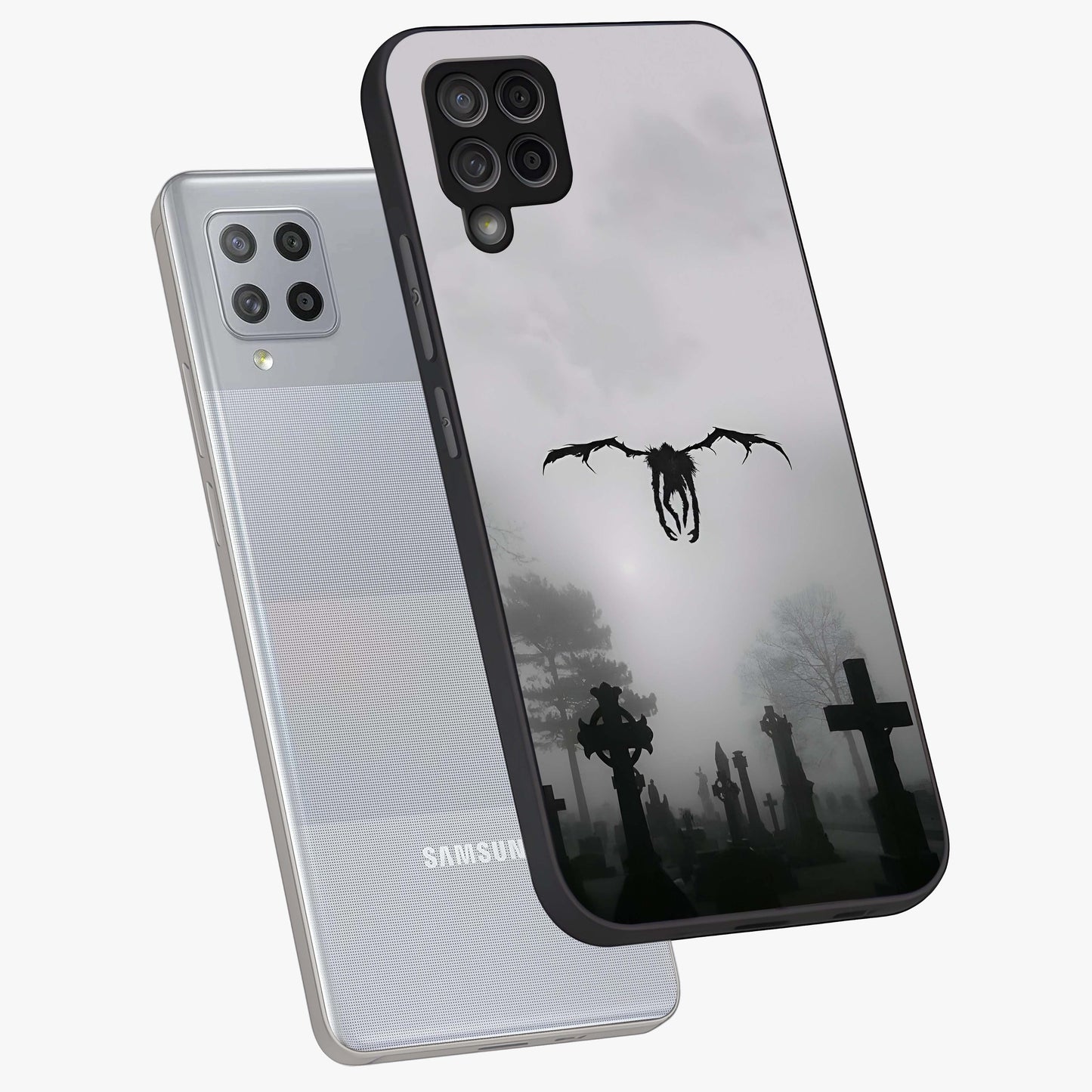 Graveyard Shadow Descent Glass Case displayed in angled mockup highlighting eerie shadow illustration with gothic aesthetic.