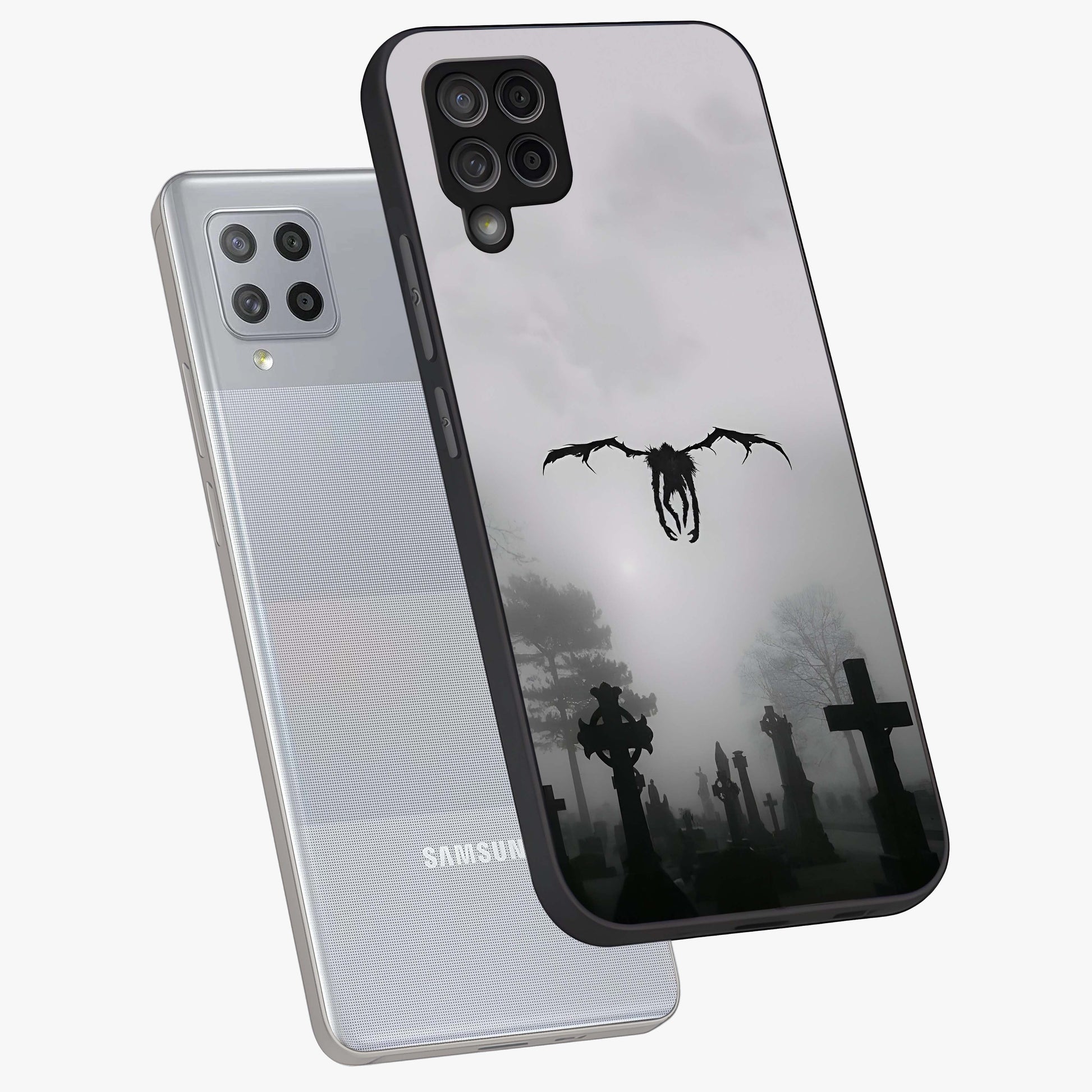 Graveyard Shadow Descent Glass Case displayed in angled mockup highlighting eerie shadow illustration with gothic aesthetic.