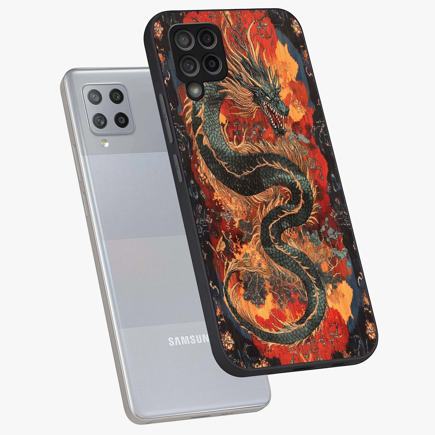 Inferno Dragon Soul Glass Case displayed in angled mockup highlighting powerful dragon illustration with inferno aesthetic.