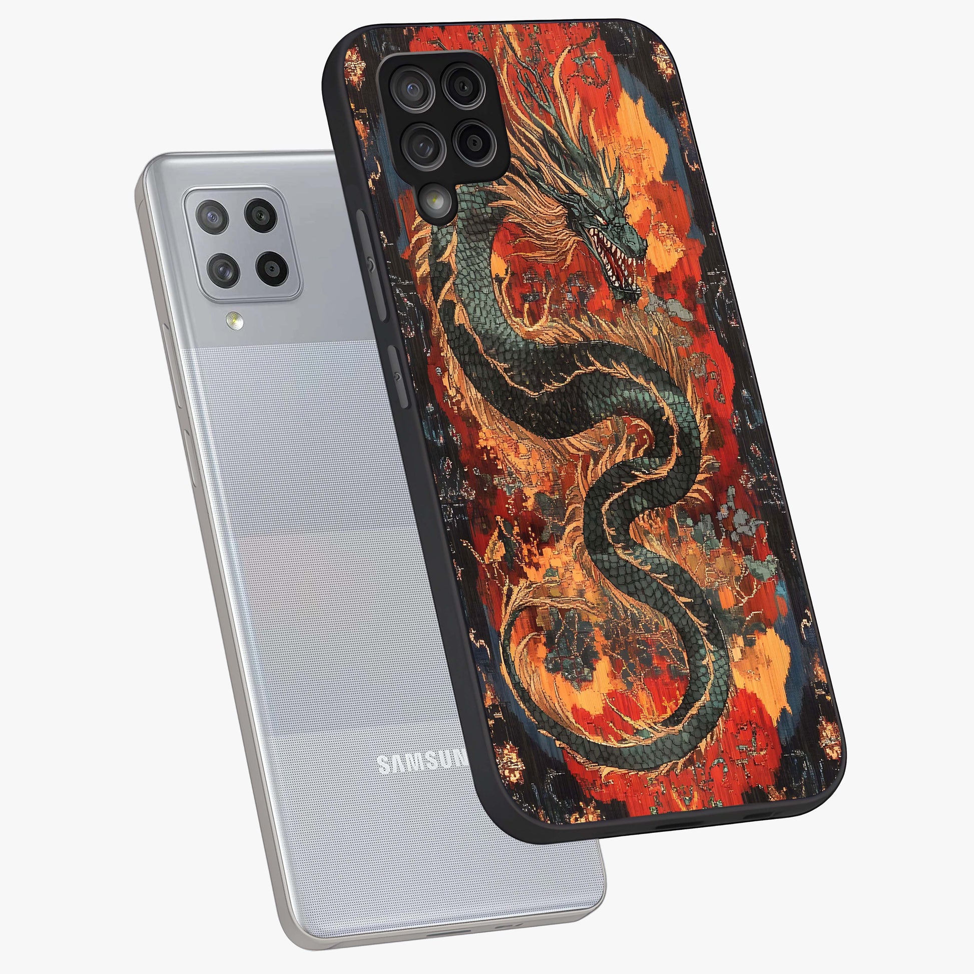 Inferno Dragon Soul Glass Case displayed in angled mockup highlighting powerful dragon illustration with inferno aesthetic.