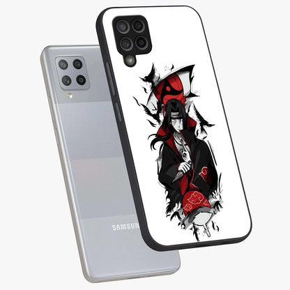 Itachi Limited Edition Naruto Anime Glass Case displayed in angled mockup highlighting dramatic anime illustration with bold action aesthetic.