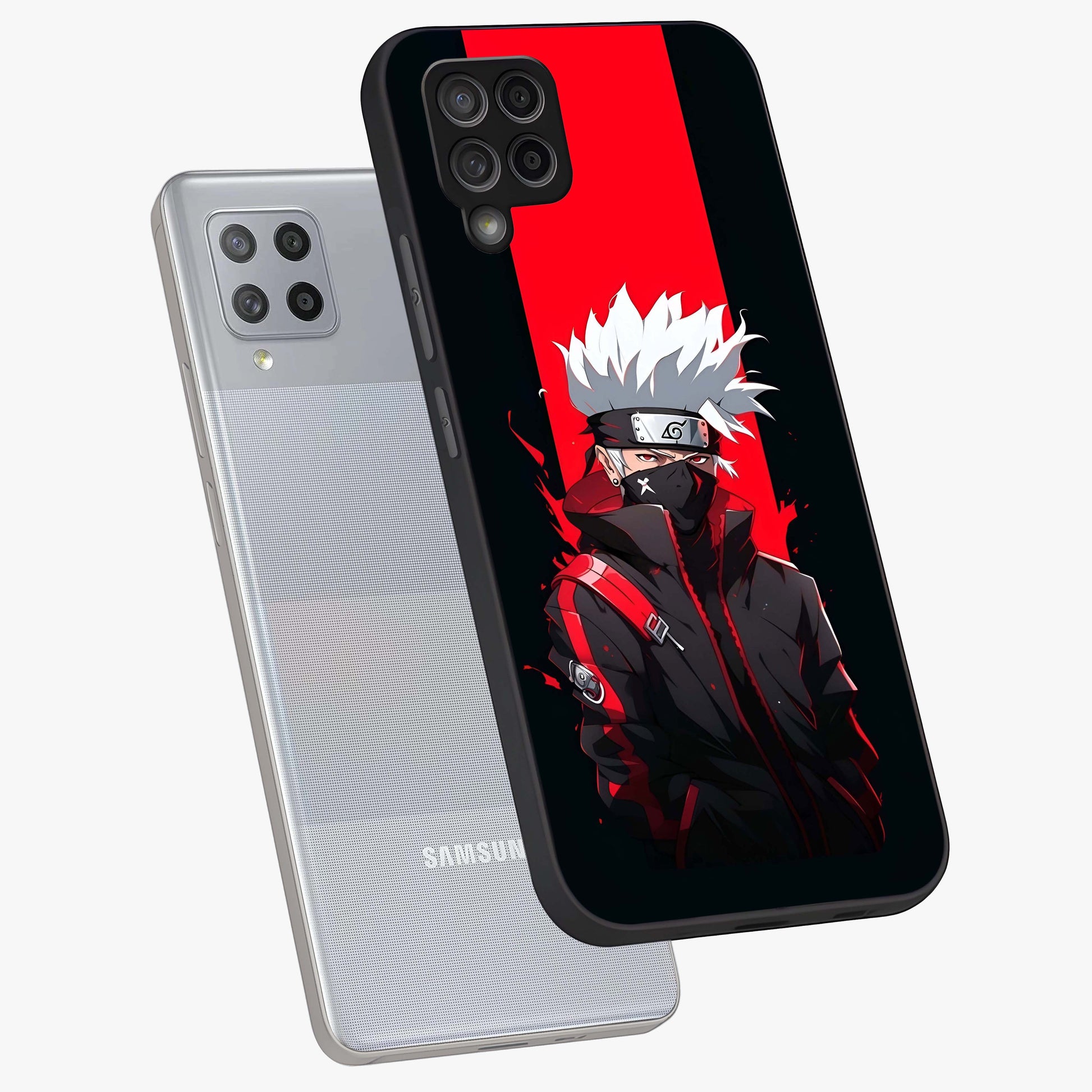 Kakashi Scarlet Shadow Glass Case displayed in angled mockup highlighting dramatic ninja illustration with scarlet themed aesthetic.