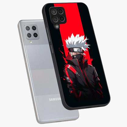 Kakashi Scarlet Shadow Glass Case displayed in angled mockup highlighting dramatic ninja illustration with scarlet themed aesthetic.