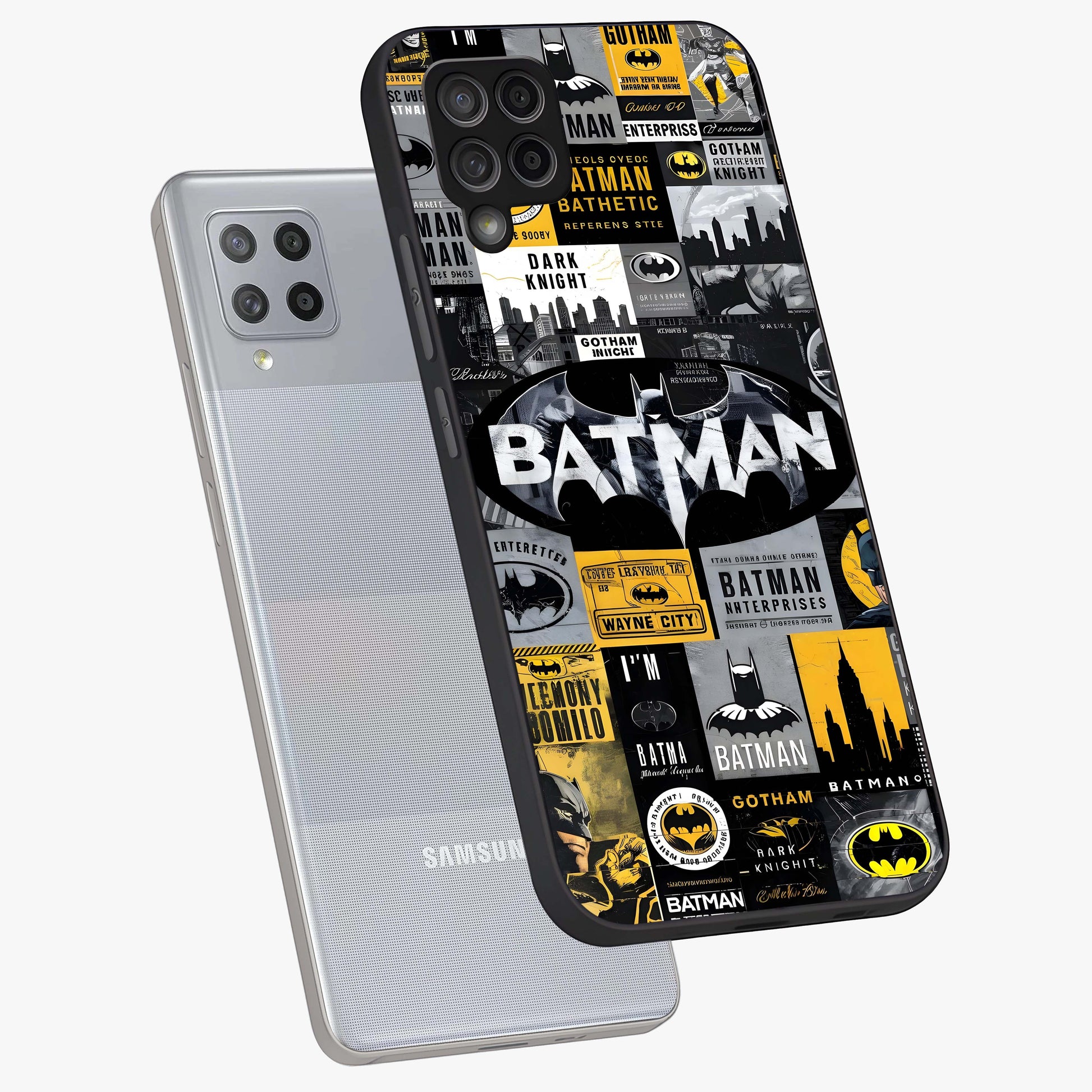 Knight Gotham Rise Glass Case displayed in angled mockup highlighting powerful knight silhouette design with dramatic aesthetic.