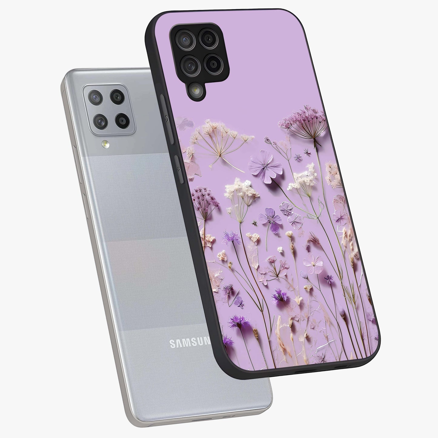 Lavender Blossom Dream Glass Case displayed in angled mockup highlighting dreamy lavender flower design with calming aesthetic style.