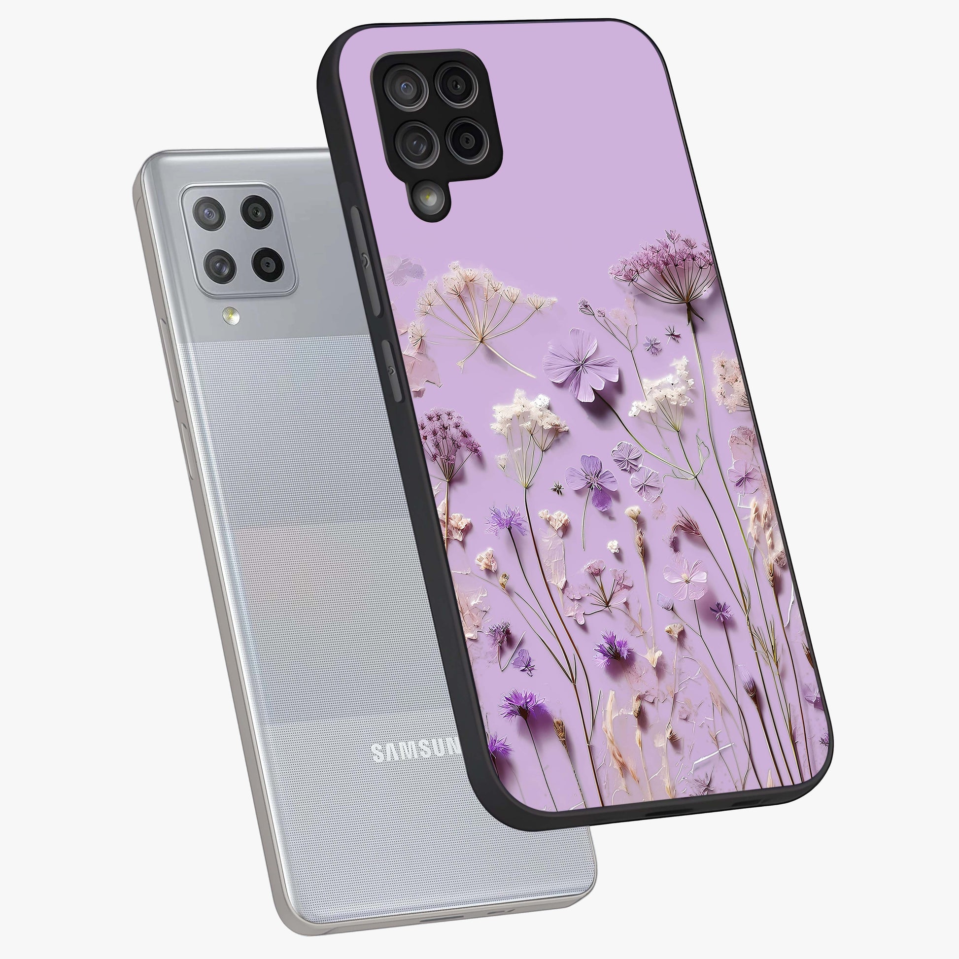 Lavender Blossom Dream Glass Case displayed in angled mockup highlighting dreamy lavender flower design with calming aesthetic style.